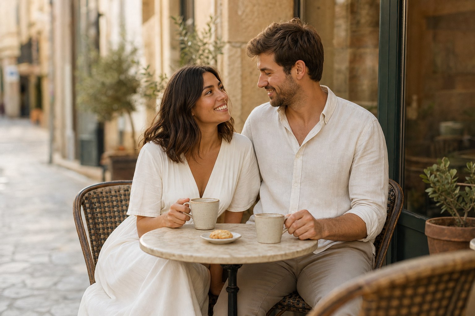 Alex y Rita tomando café en una terraza de Logroño