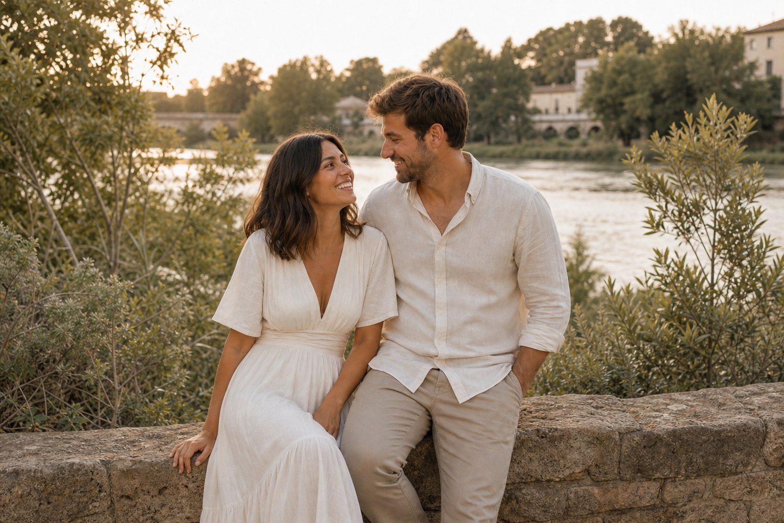 Alex y Rita sentados junto al río Ebro