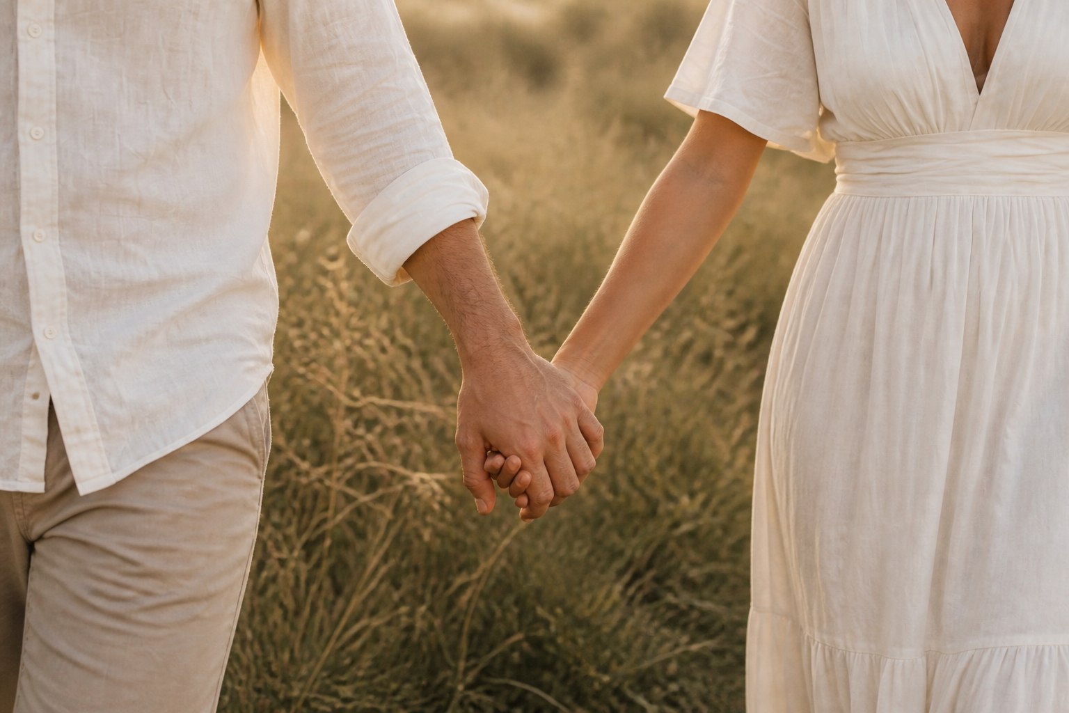 Alex y Rita de la mano en un campo al atardecer
